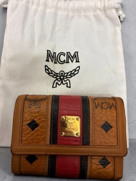 MCM Handbags - MCM Cognac Leather Trifold Wallet with Red & Black Stripe